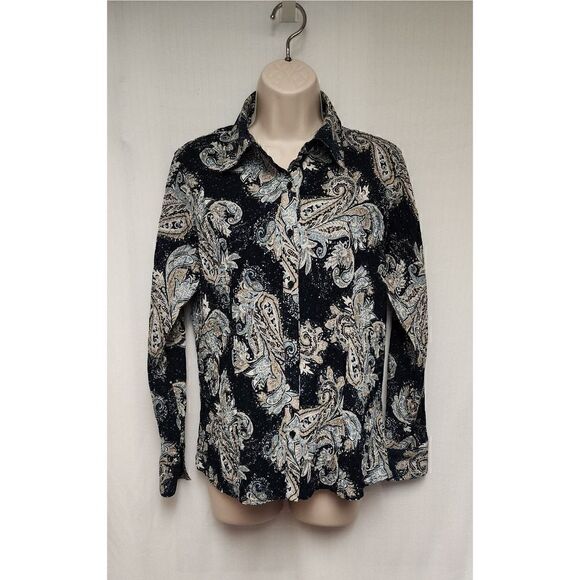 East 5th Women Pleated Long Sleeve Button Front Paisley Blouse Medium - Picture 2 of 6